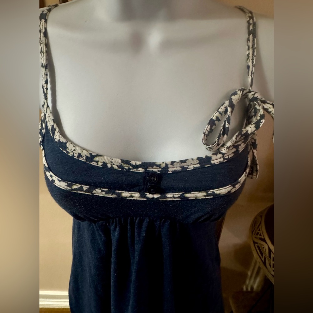Hollister Vintage Y2K 2000’s Dark Blue BabyDoll Cut Tank Top with Floral Trim Sm - Picture 4 of 11